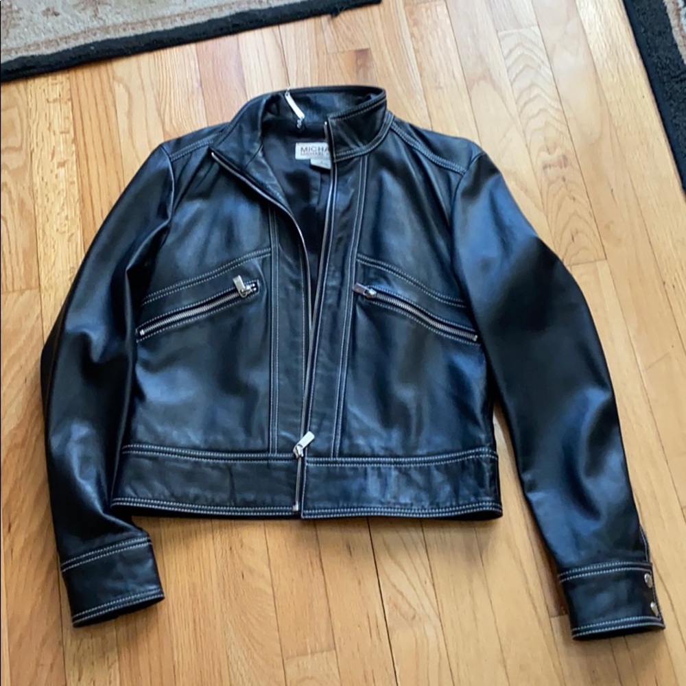 Michael Kors Black Leather Zip-Front Jacket